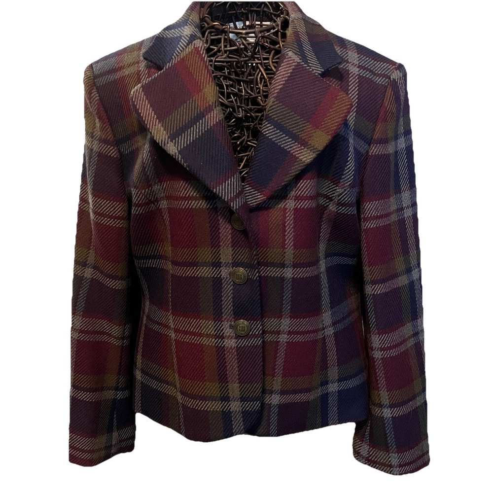 VTG Rena Rowan for Saville 100% Wool Burgundy Plaid Blazer Jacket Sz 10 Heritage